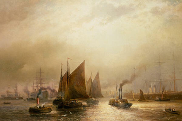 Atmospheric painting of boats and sailing ships on a hazy river, with smoke from steam vessels drifting across a golden sky.