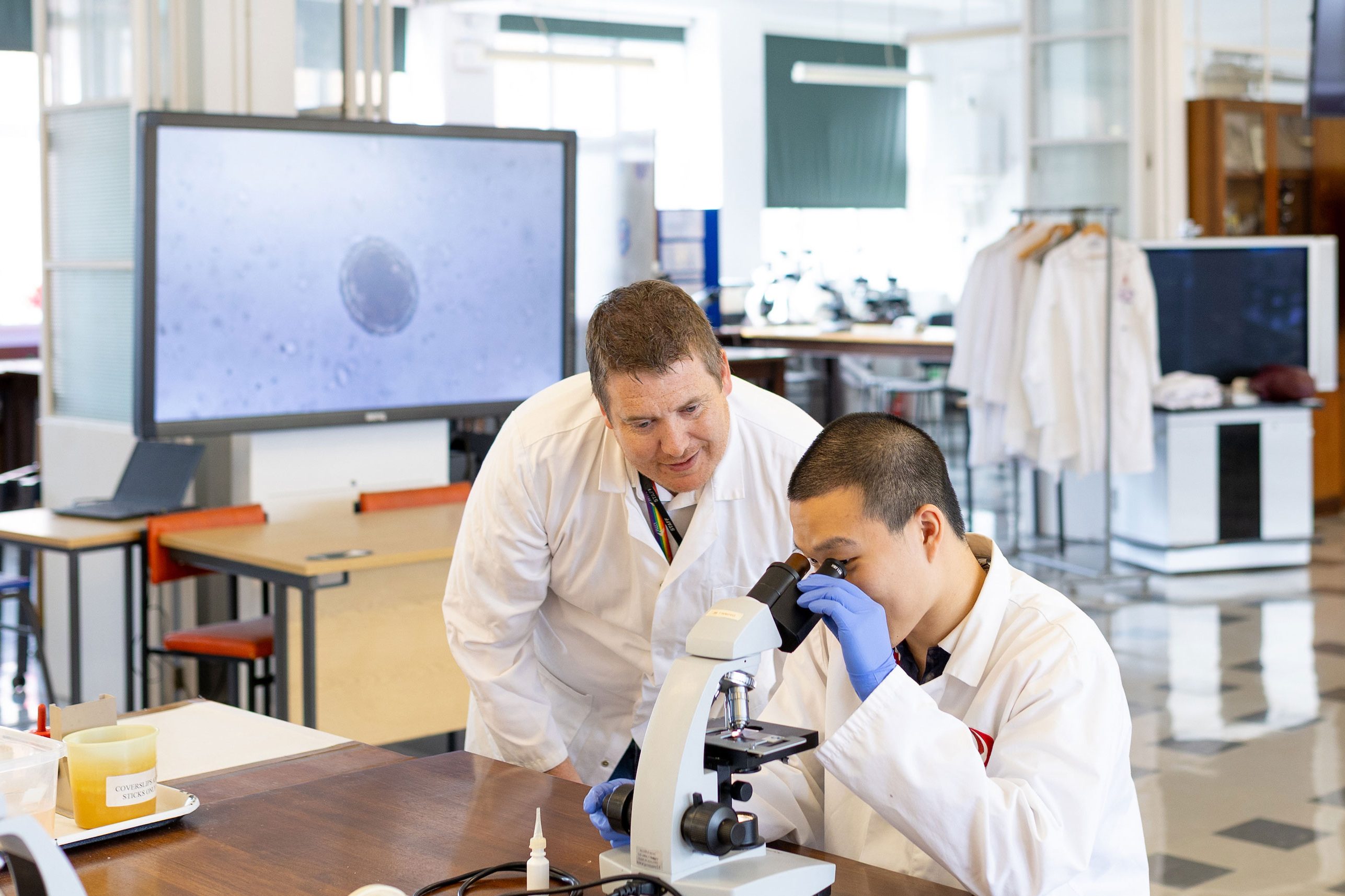 A student in a white lab coat and blue gloves looks through a microscope at a laboratory bench, while a teacher in a white lab coat leans over to observe and support. On the bench are lab items including a plastic container, labelled tape, and a dropper. In the background, a large digital screen displays a magnified microscopic image, and several lab coats hang on a rack. The bright, modern laboratory is equipped with desks, stools, and additional microscopes.