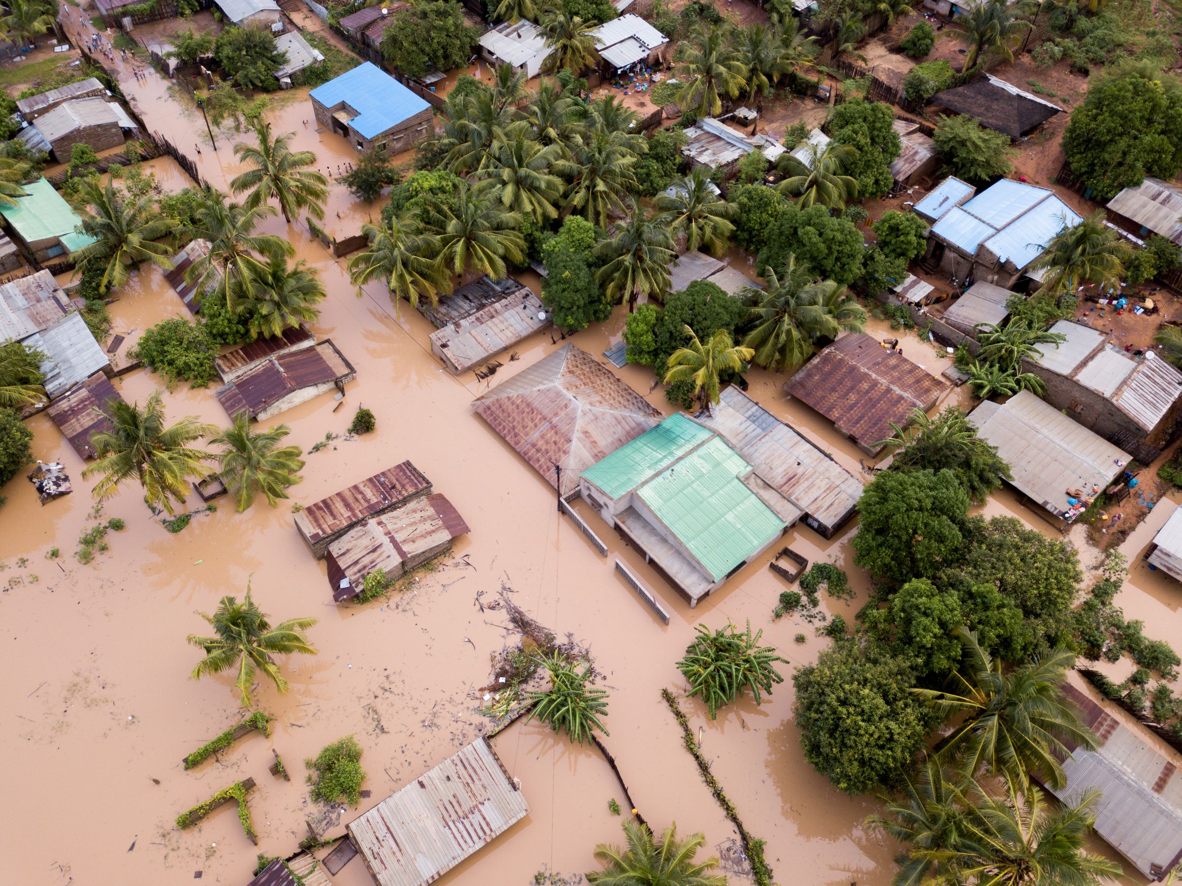 Aerial view overhead flooded houses in Mozambique