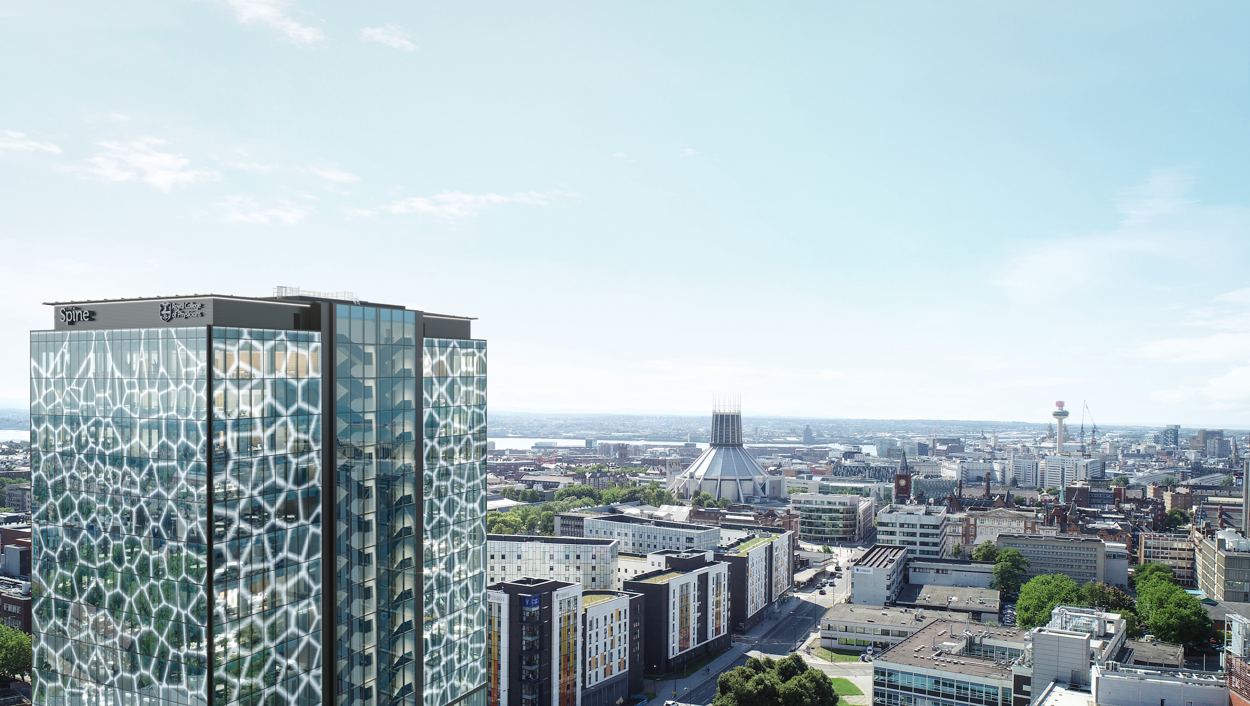 A daytime aerial view of Liverpool city centre showing The Spine building in the foreground with its distinctive honeycomb-patterned glass façade. The Metropolitan Cathedral of Christ the King is visible in the background, along with the Radio City Tower and the River Mersey on the horizon under a bright, clear sky.
