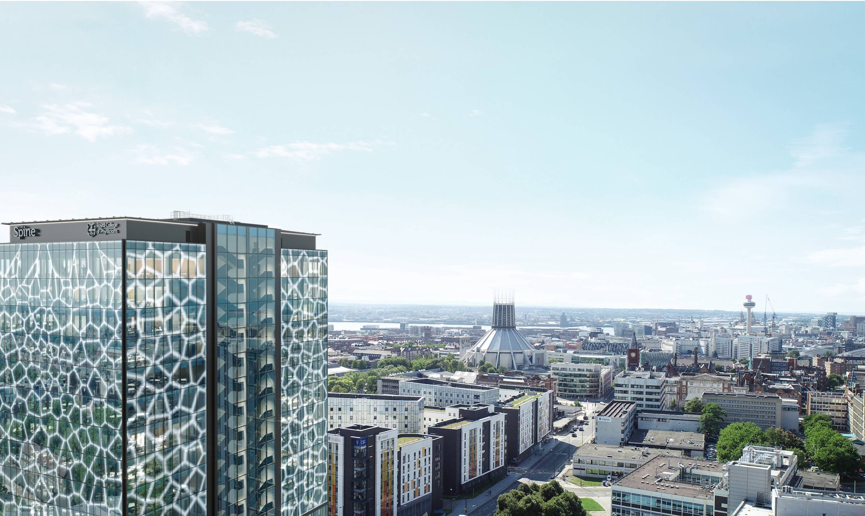 A daytime aerial view of Liverpool city centre showing The Spine building in the foreground with its distinctive honeycomb-patterned glass façade. The Metropolitan Cathedral of Christ the King is visible in the background, along with the Radio City Tower and the River Mersey on the horizon under a bright, clear sky.