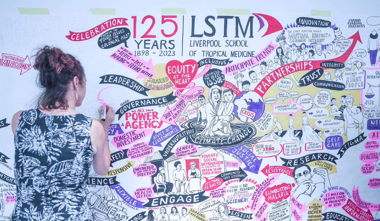 An artist draws a large illustrated mural celebrating 125 years of the Liverpool School of Tropical Medicine. The artwork features key themes such as leadership, partnerships, equity, climate change, and research, with vibrant handwritten words and sketches highlighting global health and innovation.
