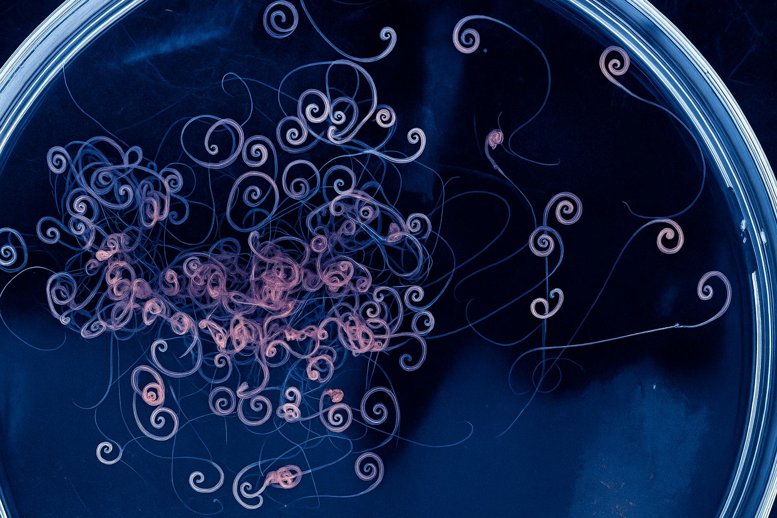 Close-up image of parasitic worms in a Petri dish, showing numerous thin, spiral-shaped nematodes clustered together under blue and pink lighting.