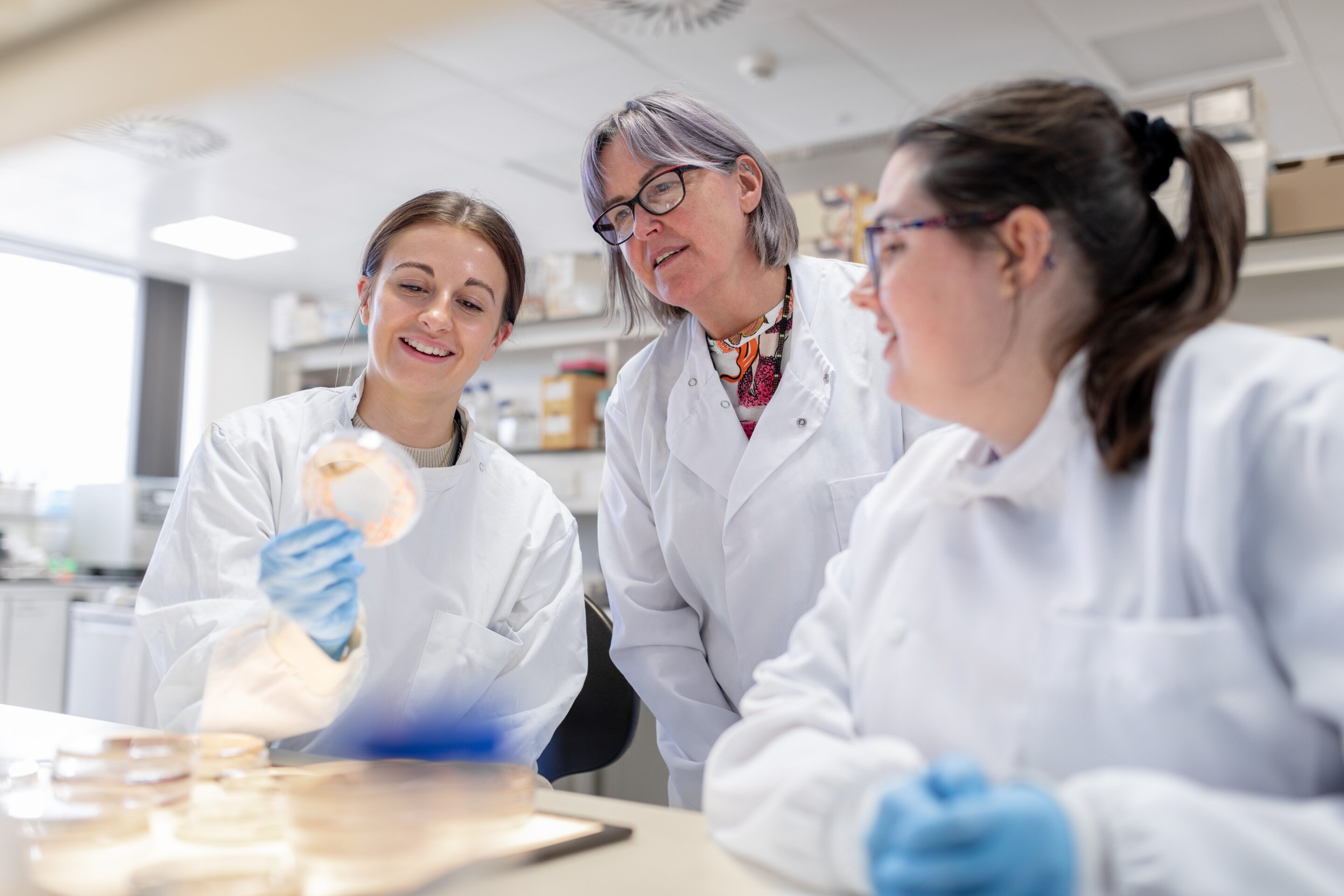 Photo of a 3 female LSTM students and staff analysing a petri dish in an LSTM laboratory