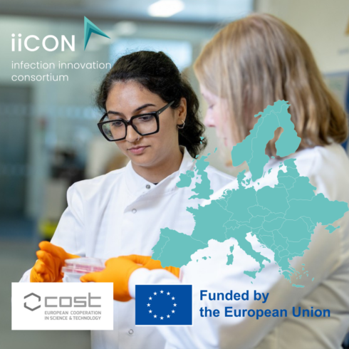 Two scientists in white lab coats examine samples, with a teal Europe map overlay and iiCON and EU funding logos still visible on the image.