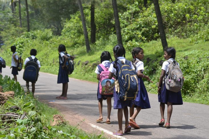Group of schoolgirls in uniforms with backpacks walking along a paved road beside a green, wooded area.